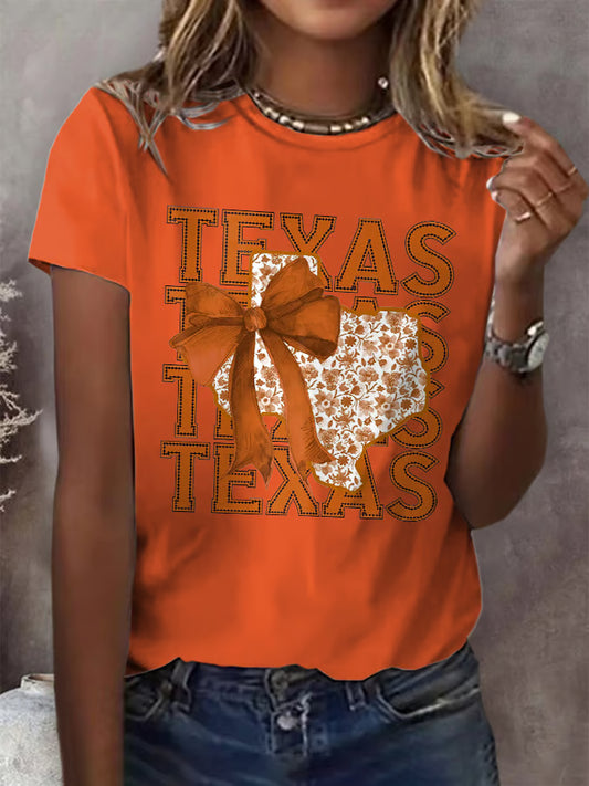 Retro Texas Autumn Burnt Orange Coquette Bow Print T-Shirt