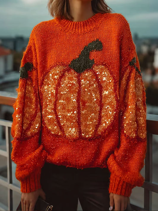 Women's Autumn Pumpkin Contrast Stitching Cozy Knit Sweater