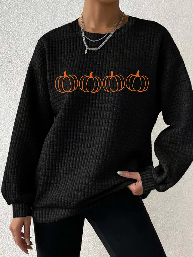 Women's Retro Autumn Pumpkin Print Drop Shoulder Check Sweatshirt
