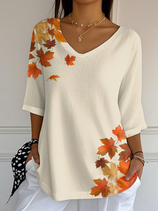 Women's Autumn Maple Leaf Printed T-Shirt