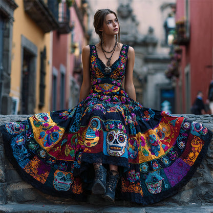 Day Of The Dead Sugar Skulls Floral Embroidered Patchwork Linen Maxi Dress