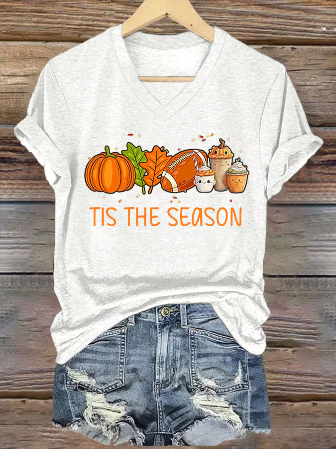V-Neck Retro Tis The Season Pumpkin Spice Latte Pumpkin Maple Leaf Football Print T-Shirt