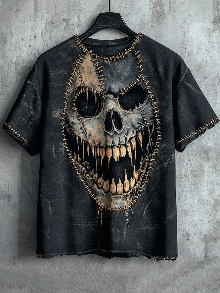 Men's Halloween Dark Horror Scary Face Stitch Patchwork Art Print T-shirt