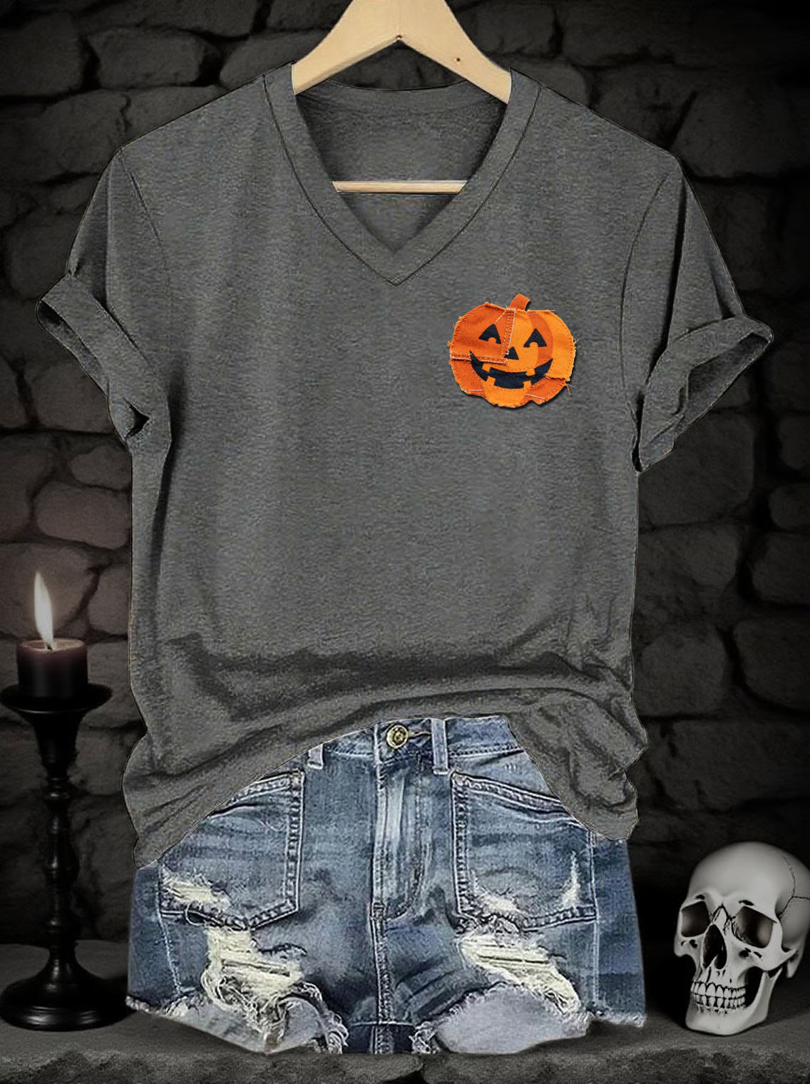 Women's Halloween Denim Patchwork Pumpkin Face Print V-Neck Short Sleeve T-Shirt