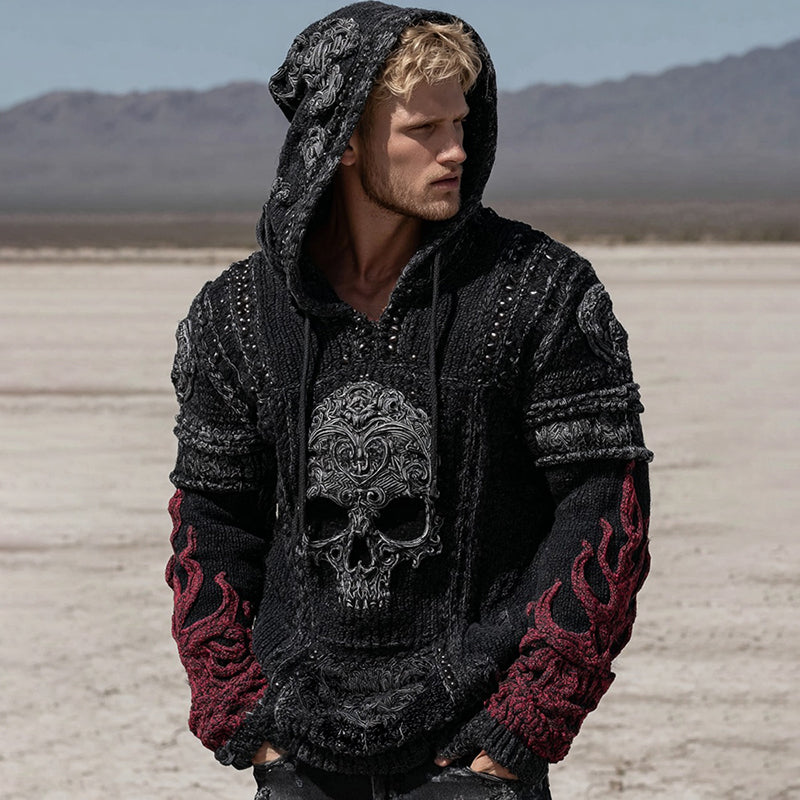 Men's Retro Skull And Flame Inspired Knitted Cozy Hooded Sweater