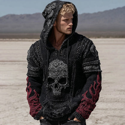 Men's Retro Skull And Flame Inspired Knitted Cozy Hooded Sweater