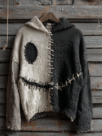 Halloween Spooky Face Contrast Stitched Hooded Cozy Knit Sweater