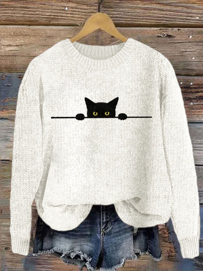 Women's Casual Funny Black Cat Print Sweater