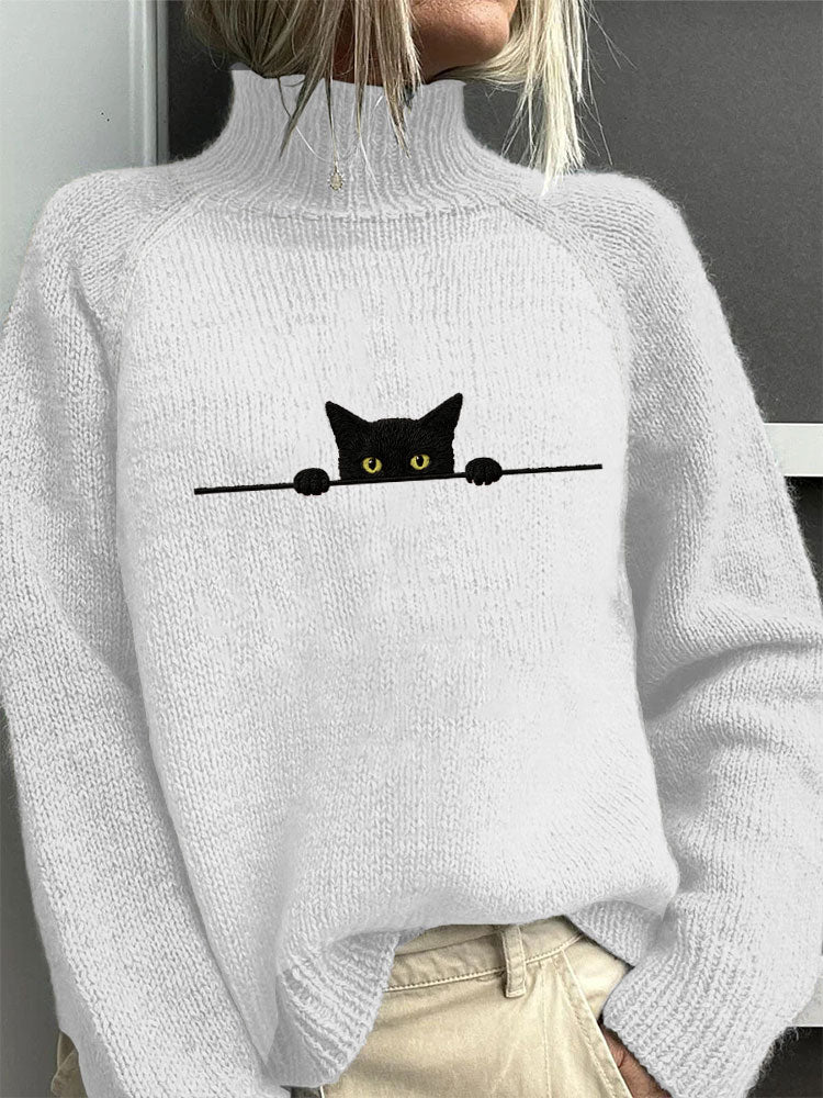 Women's Casual Funny Black Cat Print High Neck Sweater