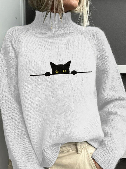 Women's Casual Funny Black Cat Print High Neck Sweater