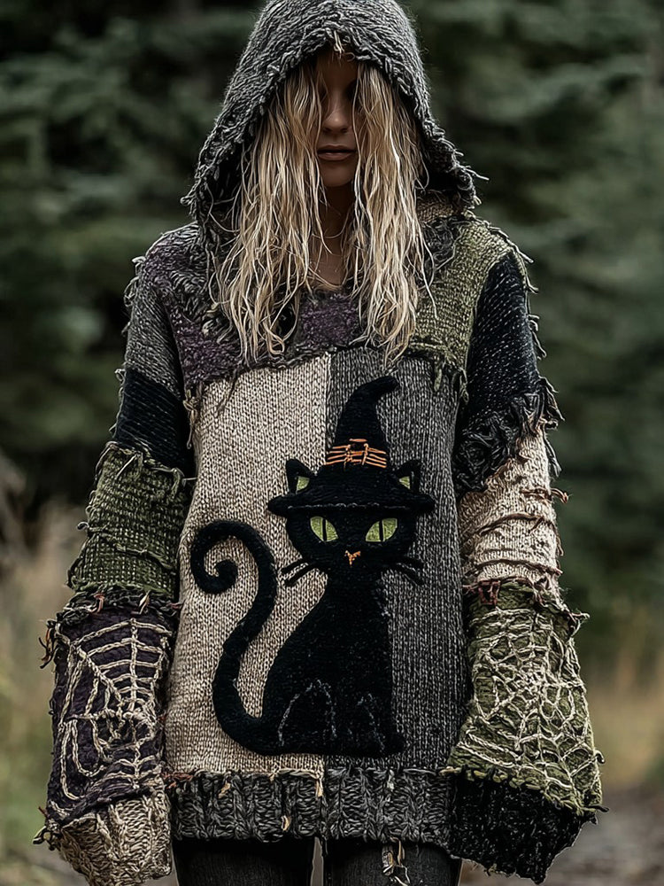 Halloween Scared Black Cat Patchwork Stitched Cozy Knit Hooded