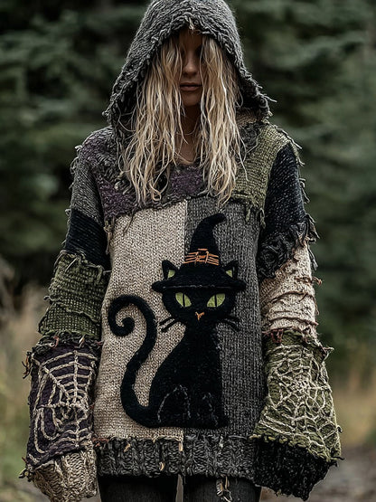 Halloween Scared Black Cat Patchwork Stitched Cozy Knit Hooded