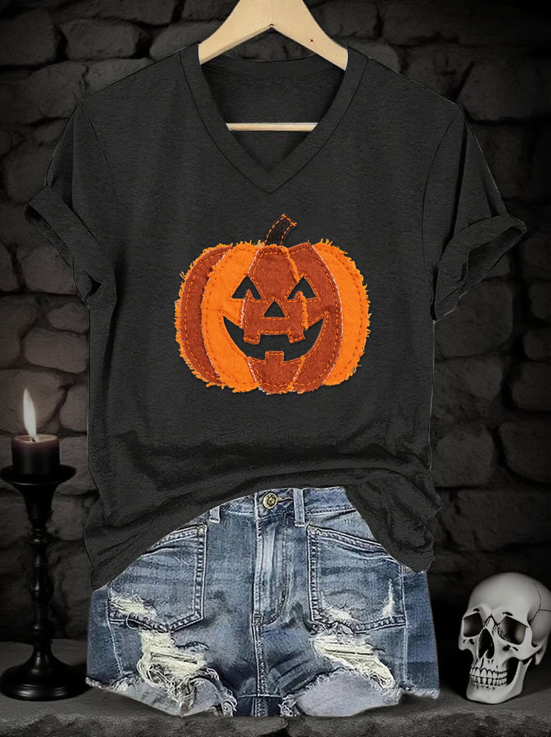 Women's Halloween Denim Patchwork Pumpkin Face Print V-Neck Short Sleeve T-Shirt