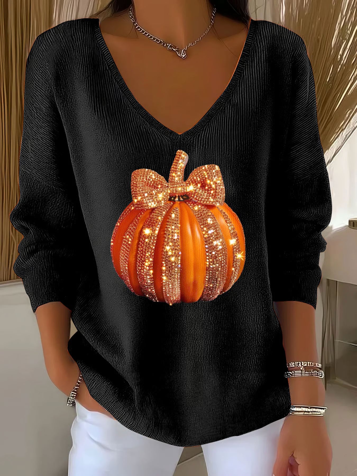 Women's Autumn Sequin Pumpkin Print V-Neck T-Shirt