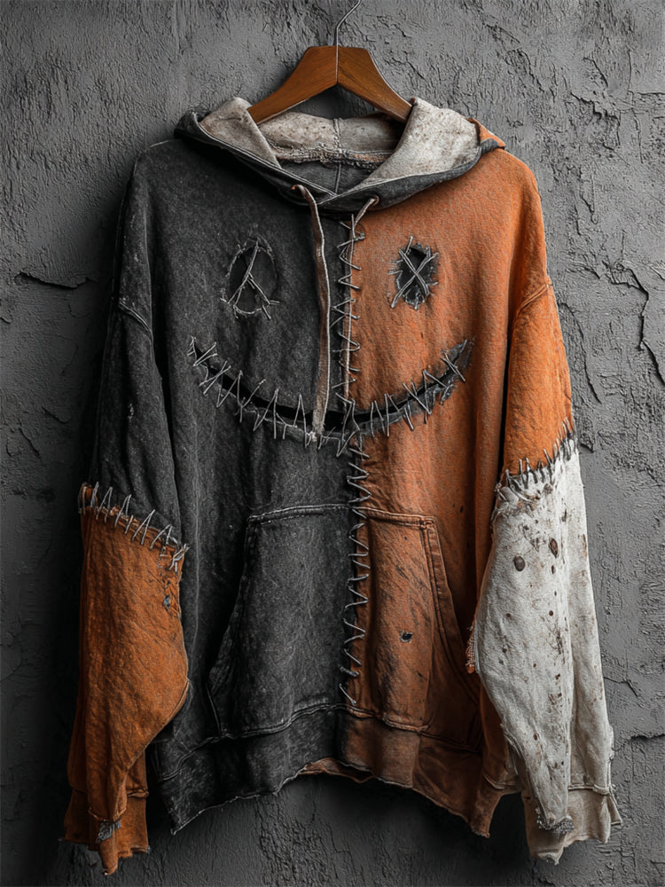 Halloween Stitched Face Colorblock Patchwork Hoodie