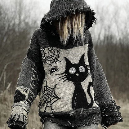Halloween Scared Black Cat Patchwork Stitched Cozy Knit Hooded