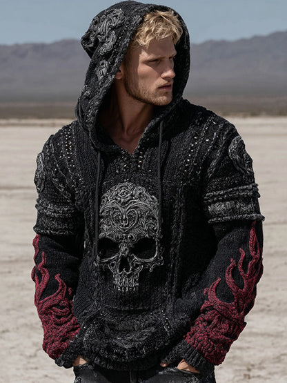 Men's Retro Skull And Flame Inspired Knitted Cozy Hooded Sweater