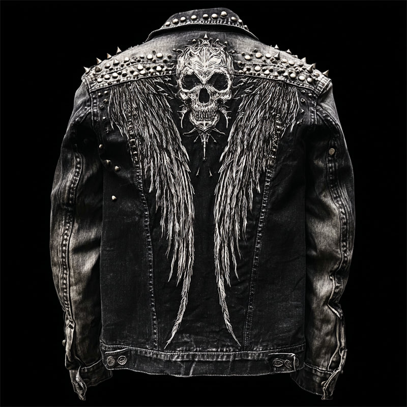 Men's Skulls & Wings Rock Studded Washed Denim Jacket