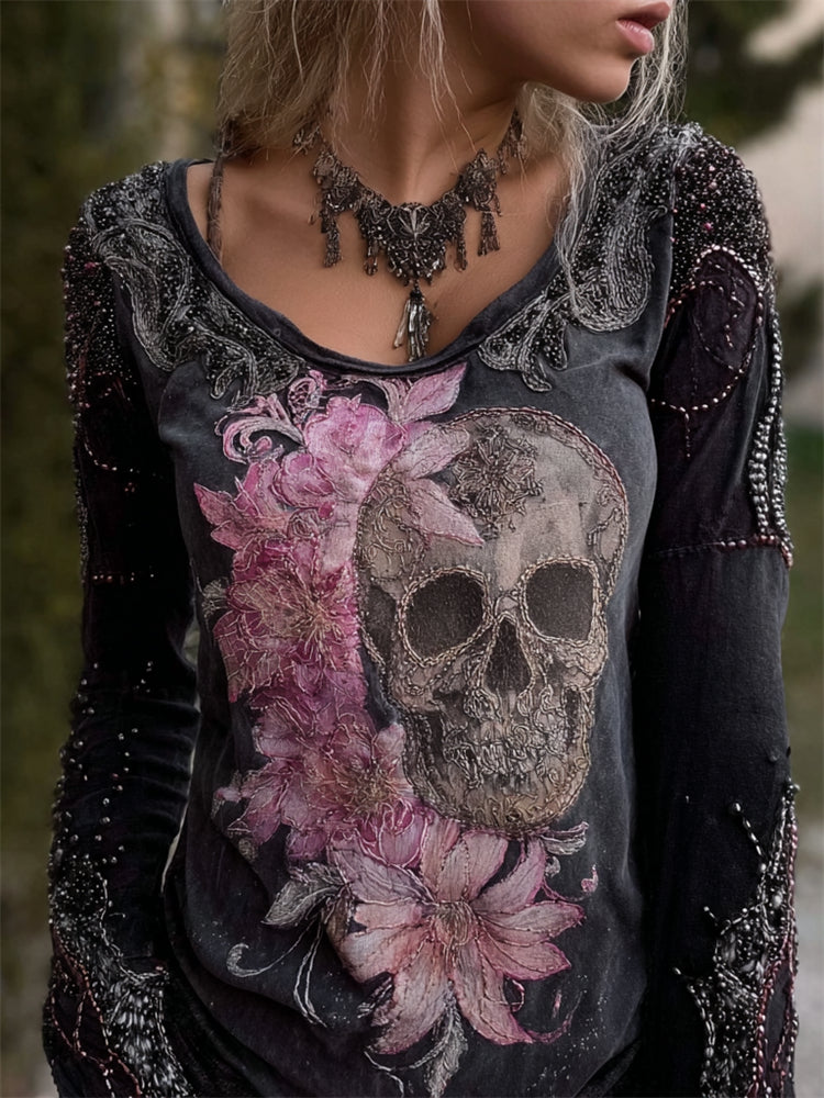 Glitter Skull Flowers Beaded Washed T Shirt