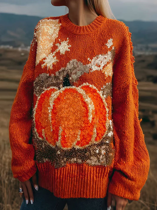 Women's Autumn Pumpkin Contrast Stitching Cozy Knit Sweater