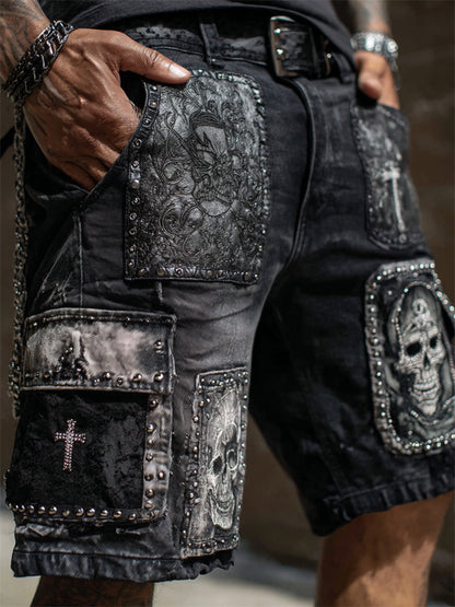 Men's Skulls & Cross Rock Patchwork Studded Washed Cargo Shorts