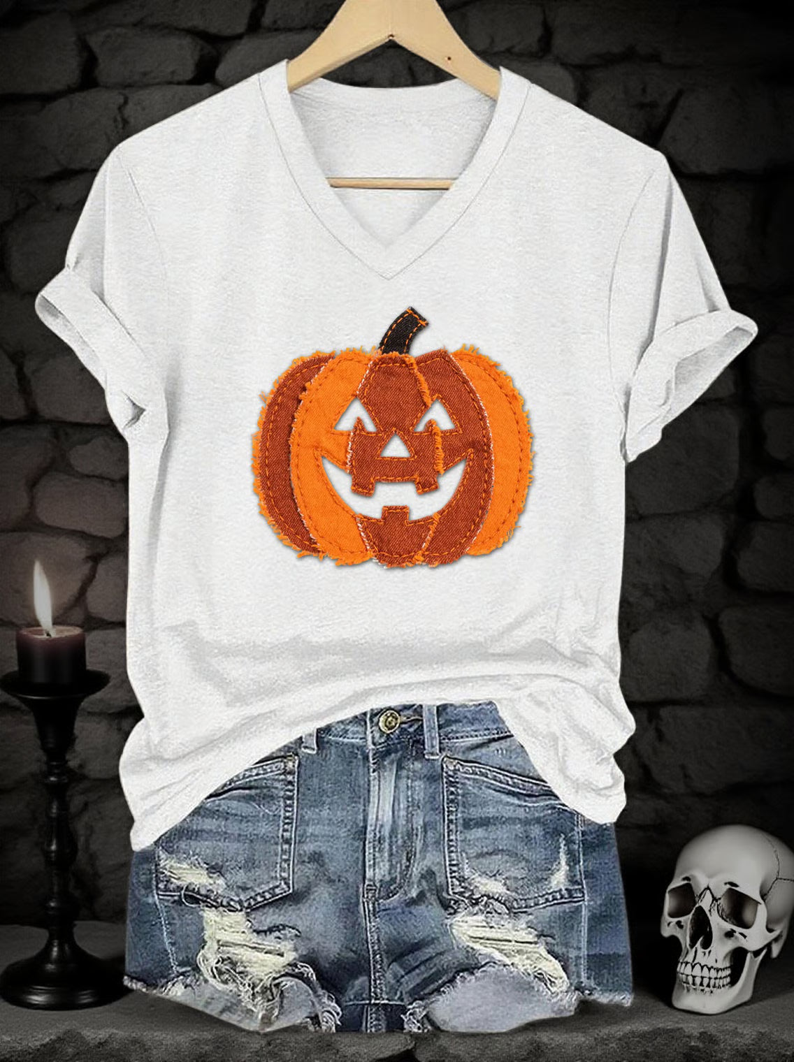 Women's Halloween Denim Patchwork Pumpkin Face Print V-Neck Short Sleeve T-Shirt