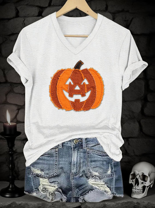 Women's Halloween Denim Patchwork Pumpkin Face Print V-Neck Short Sleeve T-Shirt