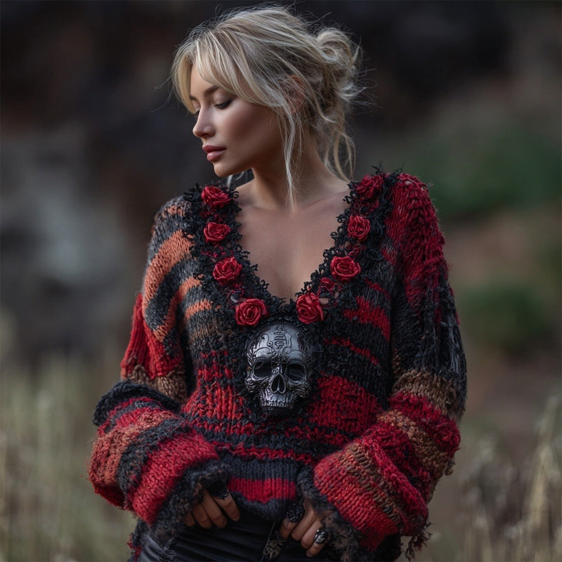 Vintage Skull & Roses Embroidered V Neck Cozy Knit Sweater