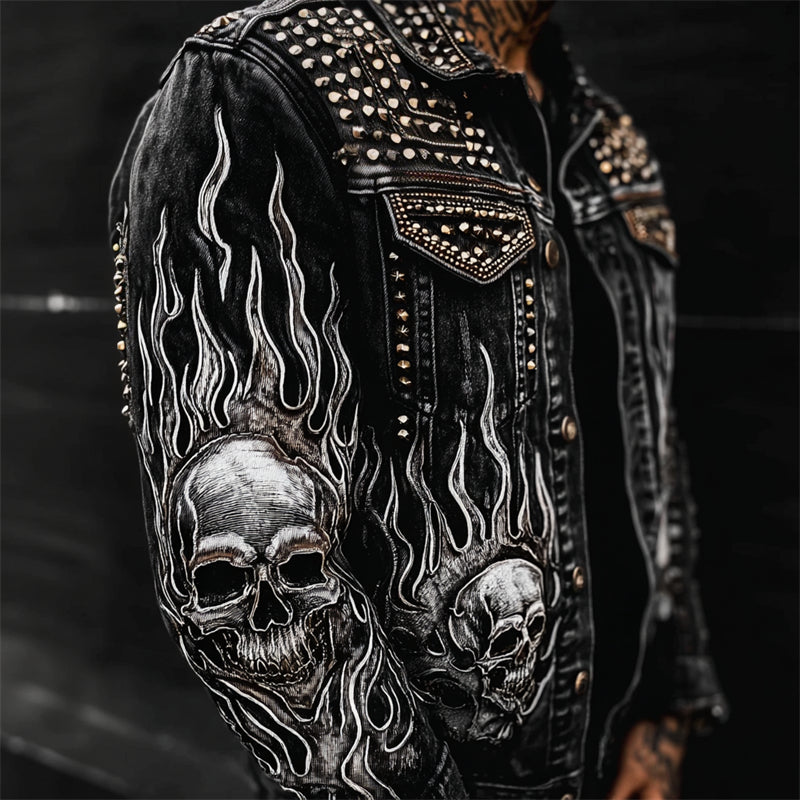 Men's Skulls Flame Contrast Rock Studded Washed Denim Jacket