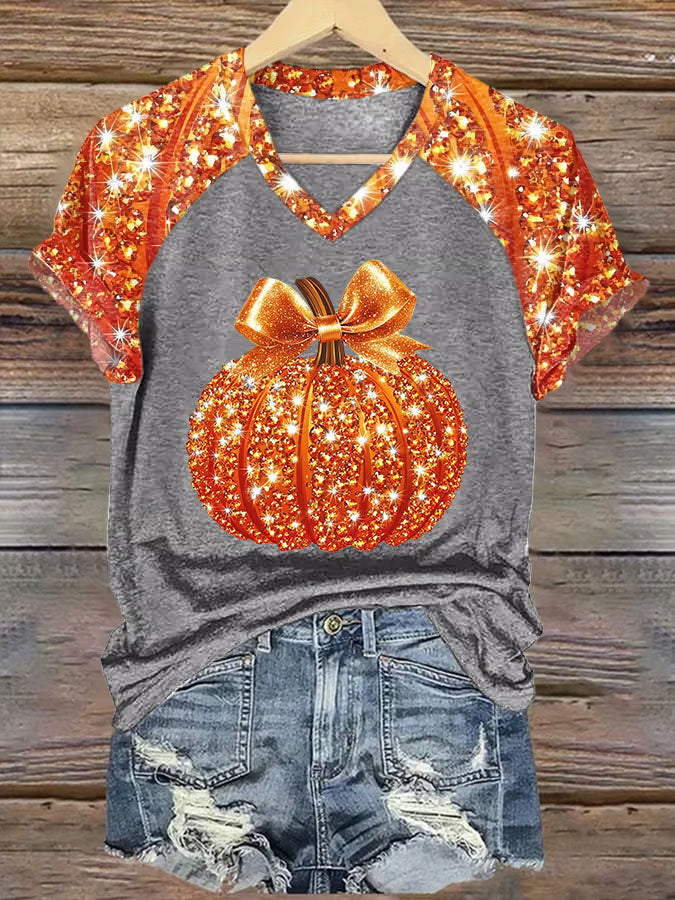 V-Neck Retro Color Block Autumn Pumpkin Bow Print T-Shirt
