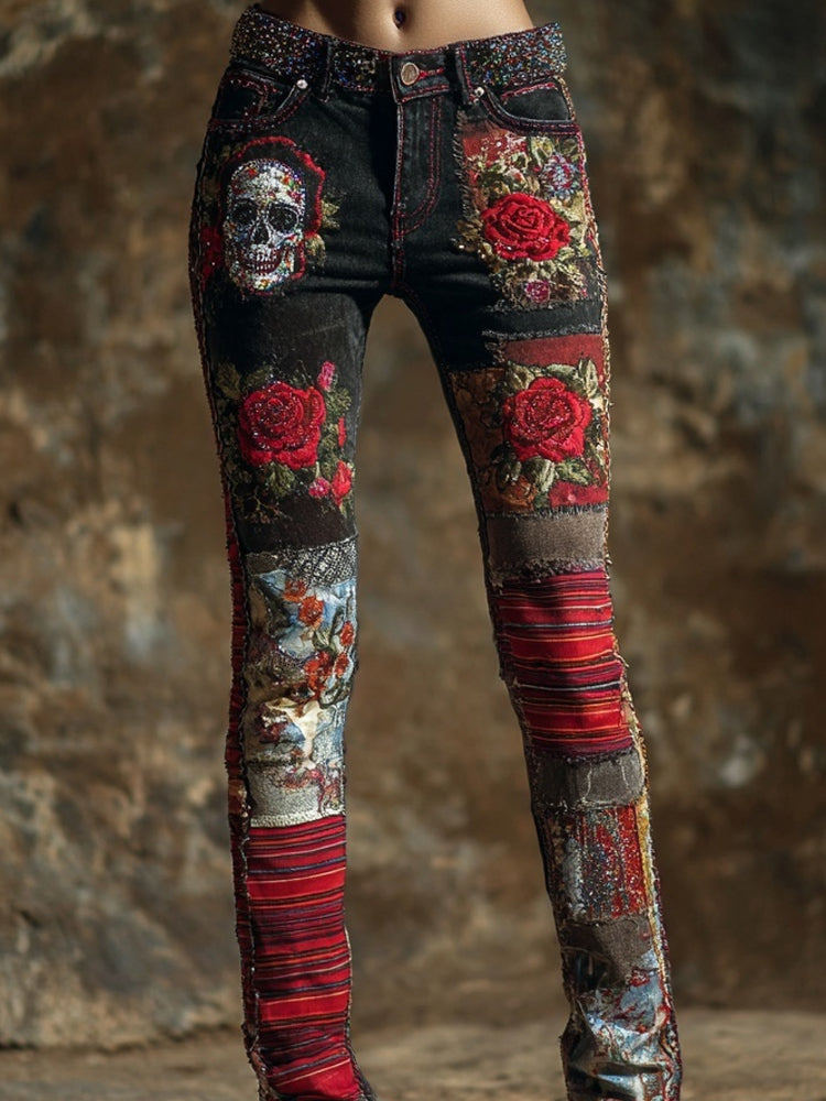 Vintage Skull & Roses Embroidered Patchwork Skinny Jeans