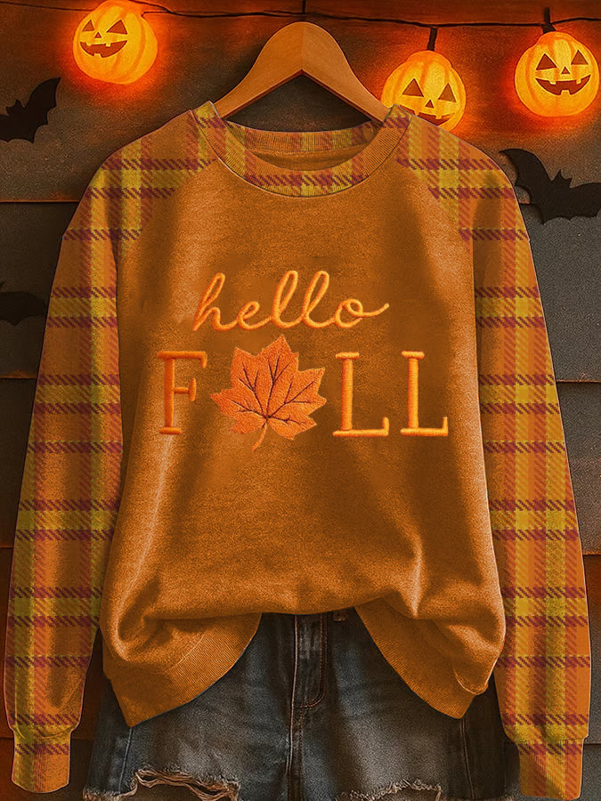 Women's Autumn Maple Leaf Contrast Print Crew Neck Sweatshirt
