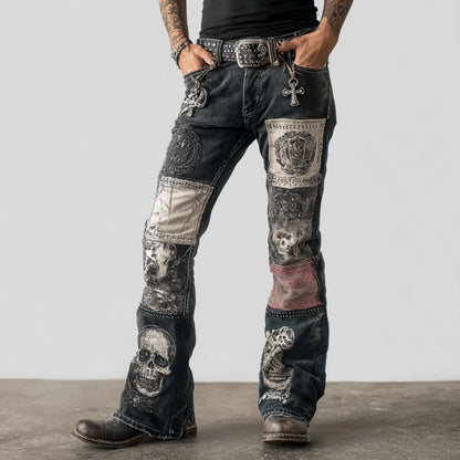 Rock Punk Skull Cross Element Retro Distressed Heavy Workwear Men's Denim Long Pants