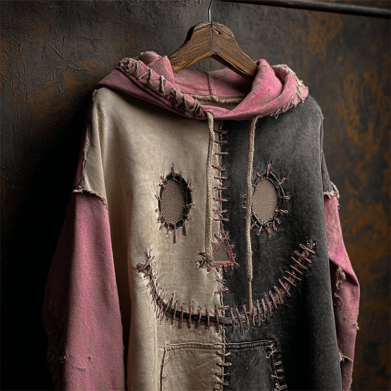 Halloween Stitched Face Contrast Patchwork Washed Hoodie