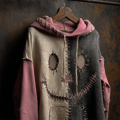 Halloween Stitched Face Contrast Patchwork Washed Hoodie