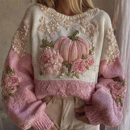 Thanksgiving Pumpkin Pink Floral Beaded Contrast Cozy Knit Sweater