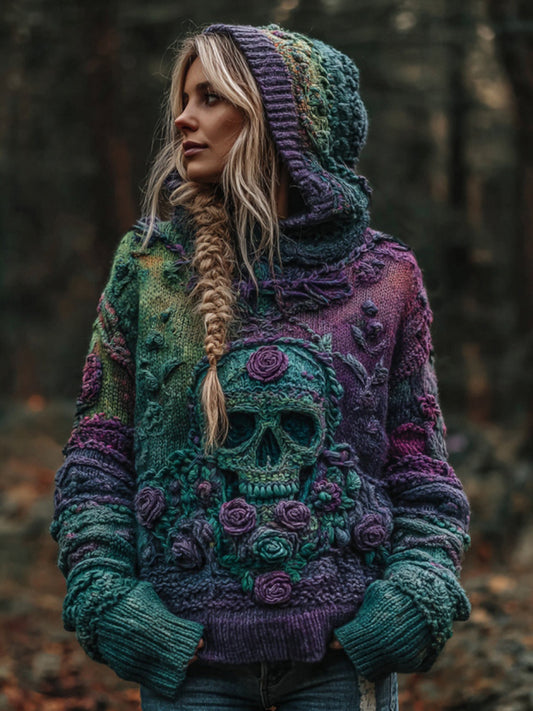 Women's Vintage Skull And Rose Gradient Art Knit Hooded Sweater