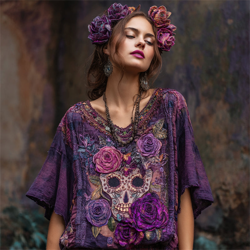 Day Of The Dead Glitter Purple Roses Sugar Skull Fiber Art Linen Shirt