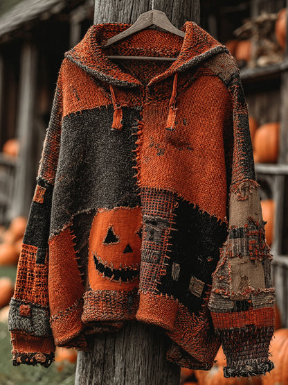 Vintage Patchwork Halloween Pumpkin Face Art Cozy Knit Hooded Sweater