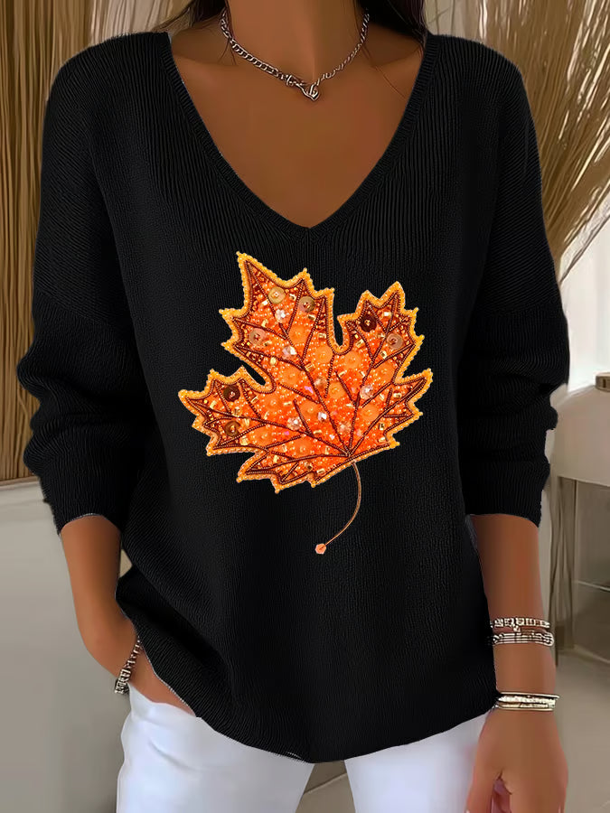 Women's casual autumn maple leaf striped top