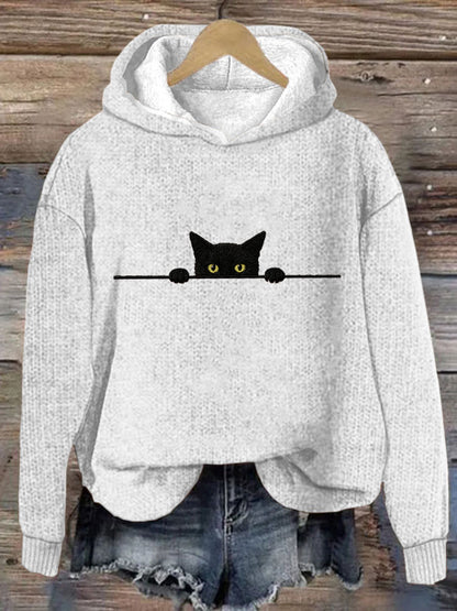 Women's Casual Funny Black Cat Print Hood Sweater