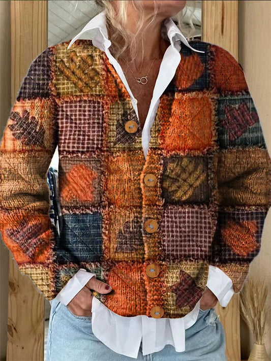 Women's Autumn Patchwork Print Cardigan Sweater