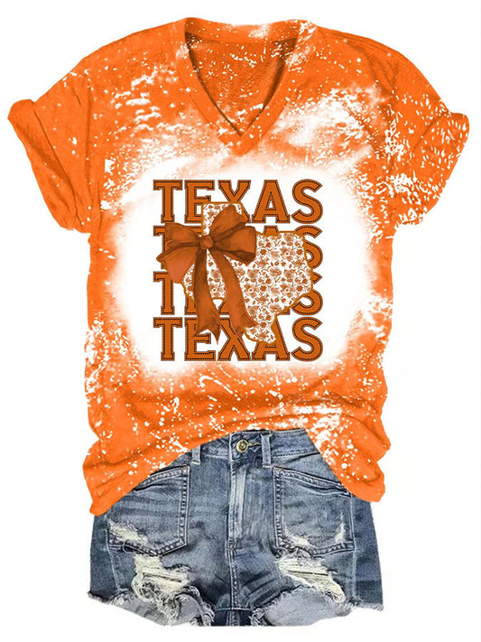 V-Neck Retro Texas Autumn Burnt Orange Coquette Bow Print T-Shirt