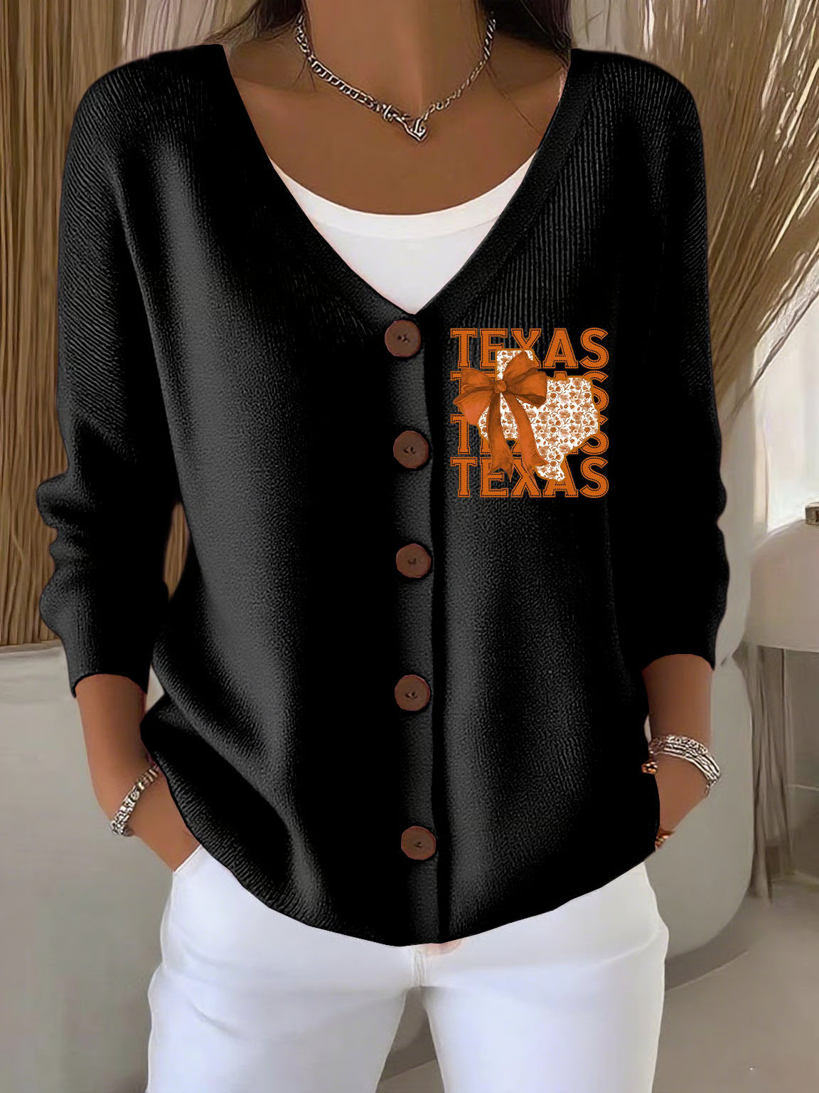 Women's Retro Burnt Orange Texas Coquette Bow Pink Print Cardigan