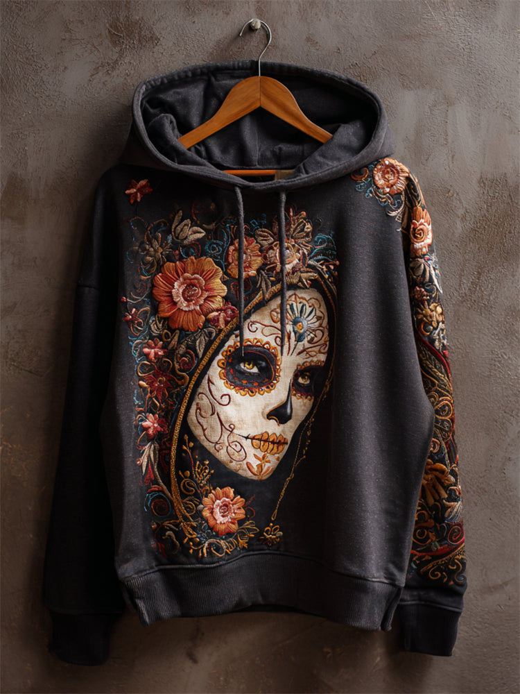 Day Of The Dead Sugar Skull Woman Floral Embroidered Hoodie