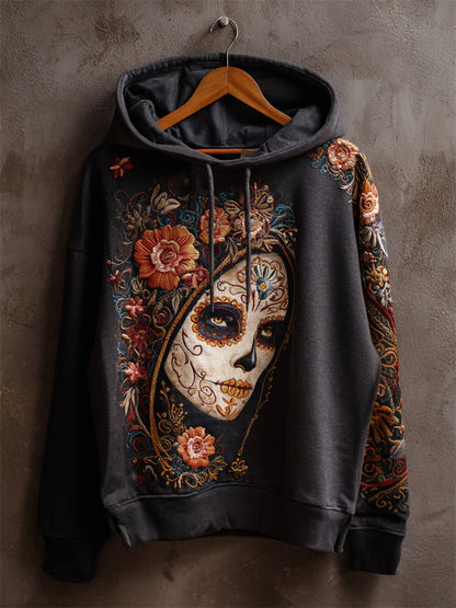 Day Of The Dead Sugar Skull Woman Floral Embroidered Hoodie