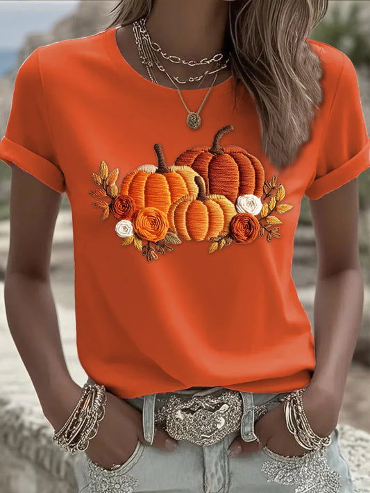 Women's Casual Orange Pumpkin Print T-Shirt