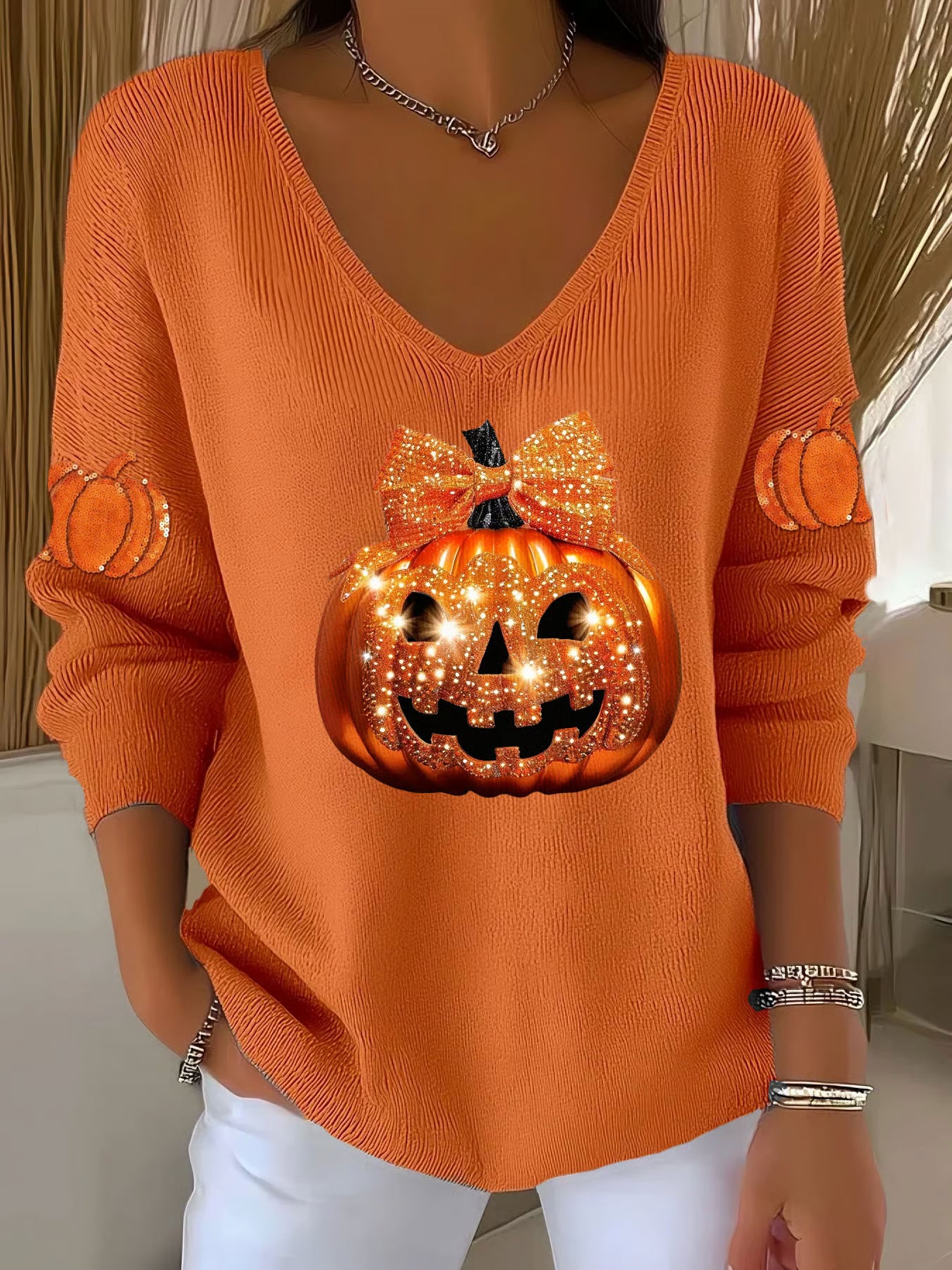 Women's Autumn Halloween Sequined Pumpkin Print V-Neck T-Shirt