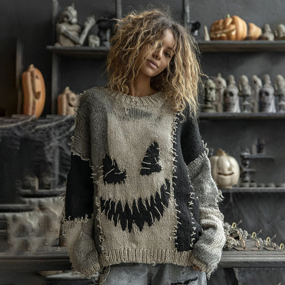 Halloween Spooky Face Contrast Stitched Cozy Knit Sweater