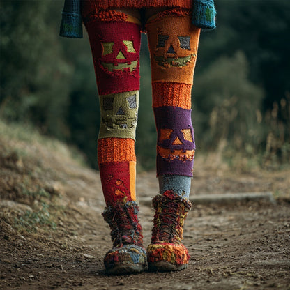 Halloween Pumpkin Face Colorblock Patchwork Cozy Leggings